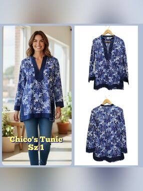 Chico’s Blue Floral Tunic Top Size 1 Medium Boho Coastal Lightweight V-Neck